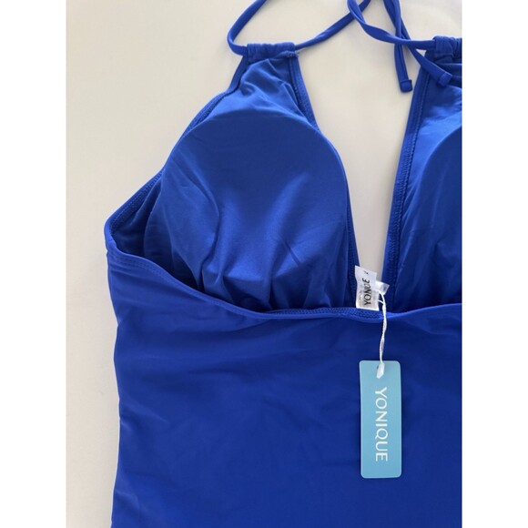 Women's Swimsuit Tummy Control Tankini top size XL royal blue Halter V Neck Swim - Picture 10 of 13